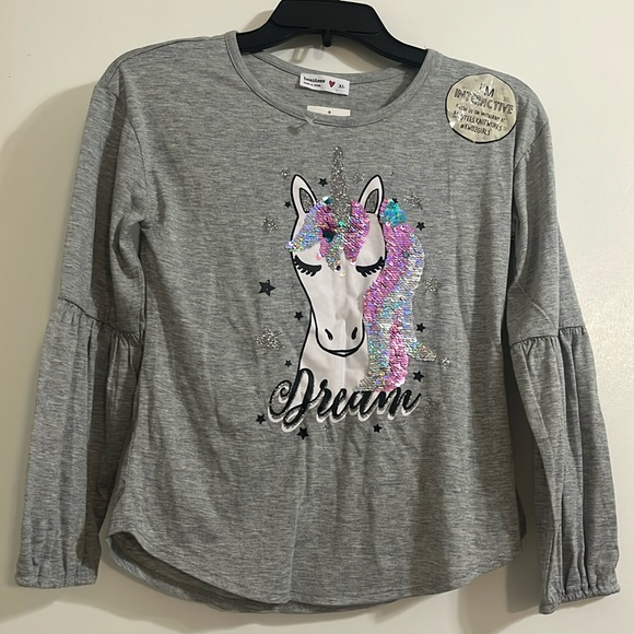 Beautees Girls Unicorn Top with sequins and glitter Size: XL Heather Grey NWT - Picture 1 of 5